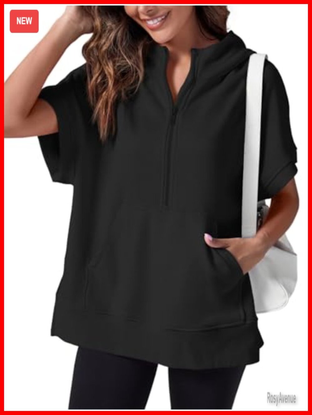 Oversized Half Zip Hoodie Short Sleeve Sweatshirt Pullover with Pockets